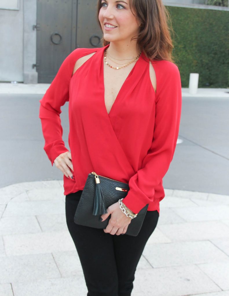 Holiday Party Top in Red | Gold Layered Necklace | Black Clutch | Houston Fashion Blog Lady in Violet