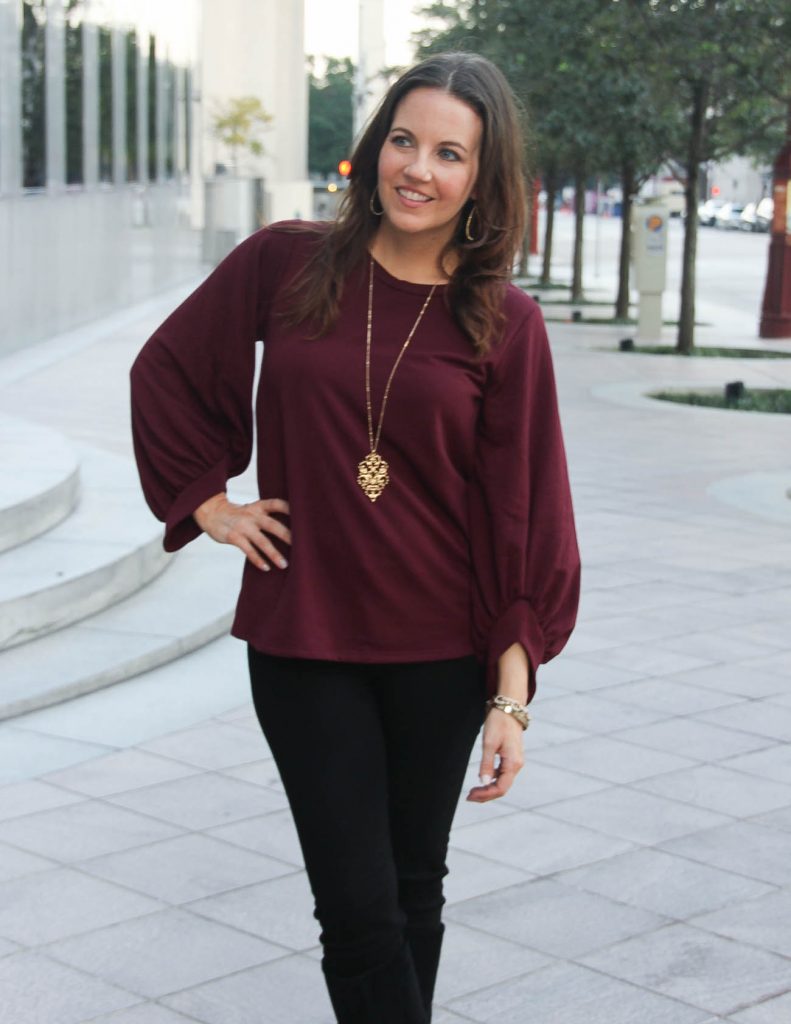 Burgundy Sweatshirt | Long Gold Pendant Necklace | Lady in Violet Fashion Blog