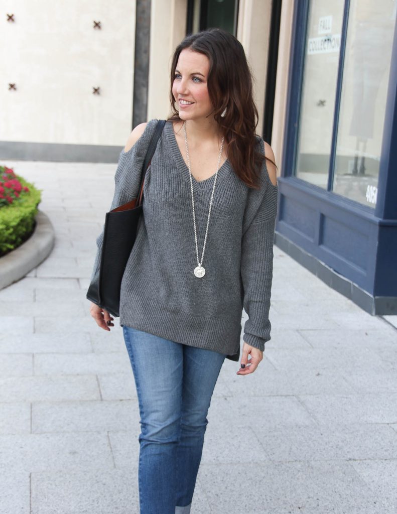 Fall Outfit | Gray Oversized Sweater | Long Silver Necklace | Houston Fashion Blogger Lady in Violet