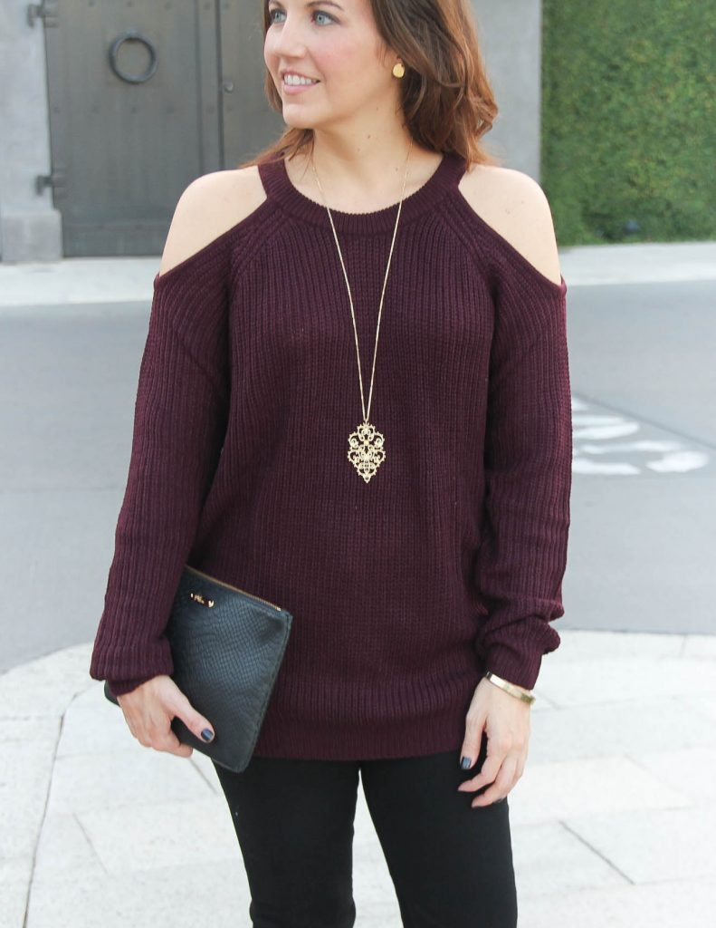 Winter Outfit | Cold Shoulder Sweater | Long Gold Necklace | Houston Fashion Blogger Lady in Violet