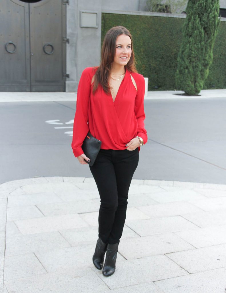 Fall Outfit | Red Deep V Blouse | Black Skinny Jeans | Houston Fashion Blogger Lady in Violet