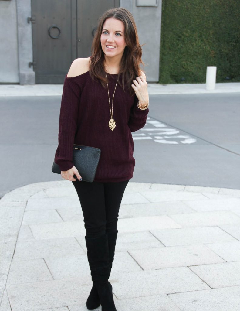 Holiday Outfit Idea | Cold Shoulder Sweater | Black Suede Boots | Houston Fashion Blogger Lady in Violet