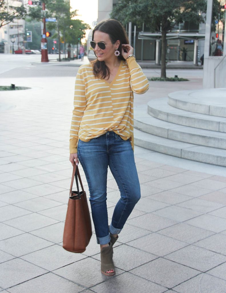 Casual Fall Outfit | Yellow Sweater | Brown Peep Toe Booties | Houston Fashion Blogger Lady in Violet