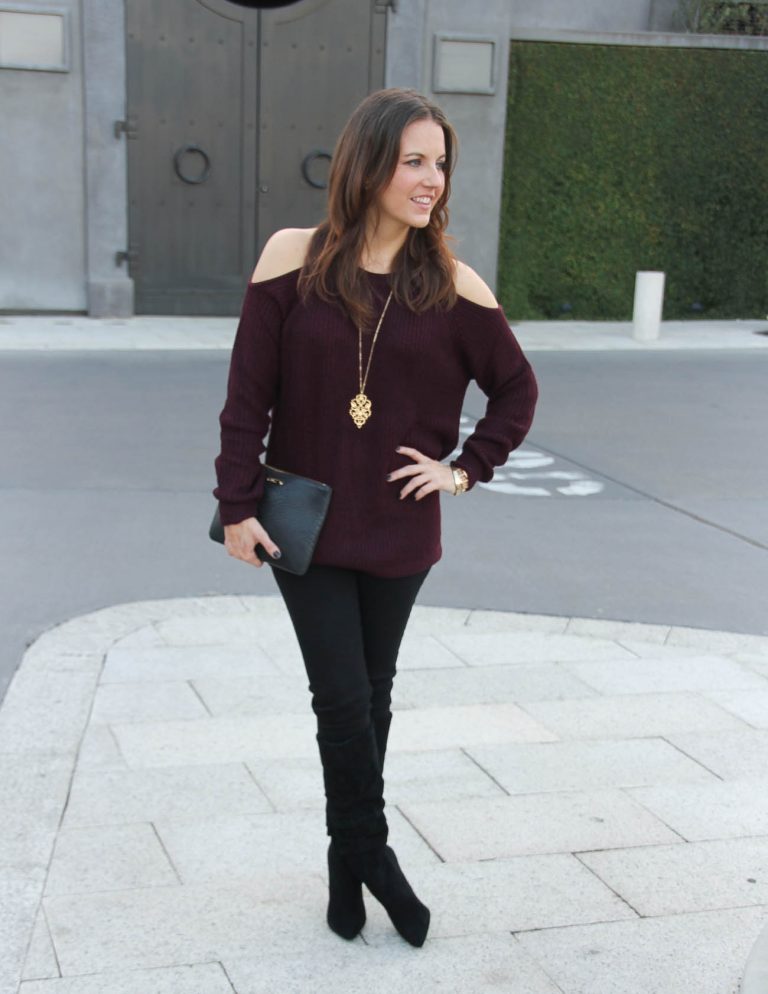 Black Slouchy Boots + Cold Shoulder Sweater Lady in VioletLady in Violet