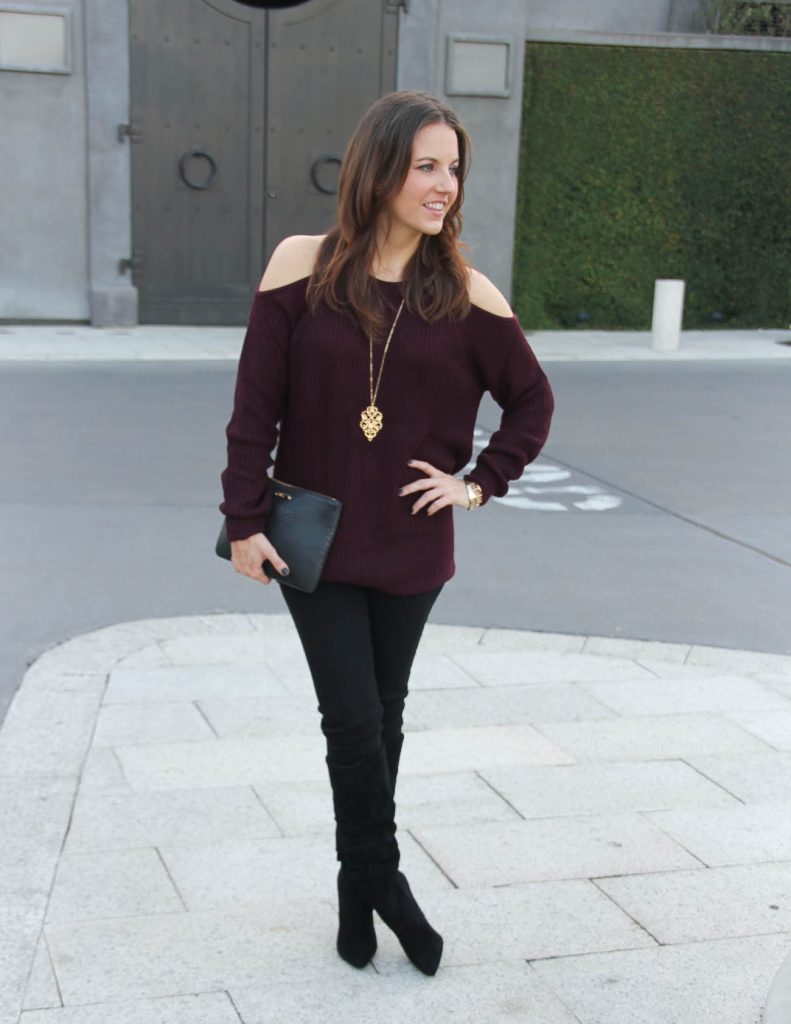 Thanksgiving Outfit Idea | Cold Shoulder Sweater | Black Slouchy Boots | Houston Fashion Blog Lady in Violet