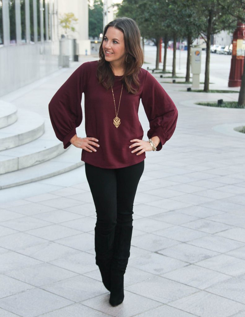 Winter Outfit Idea | Burgundy Bell Sleeve Sweater | Black Tall Boots | Houston Fashion Blog