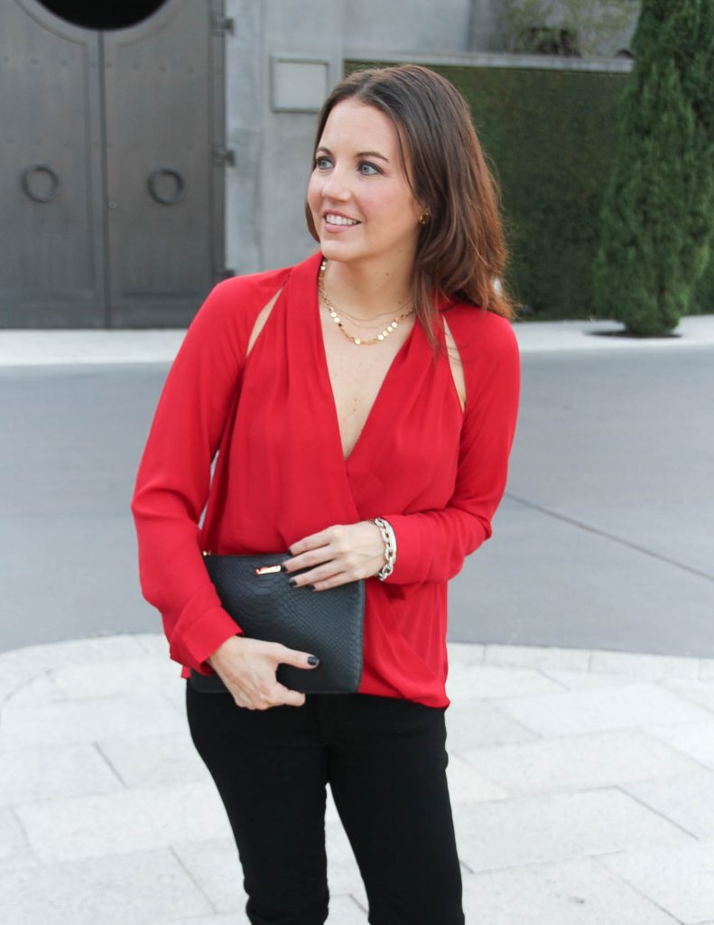 Christmas Party Outfit | Red Long Sleeve Blouse | Black Clutch | Houston Fashion Blog Lady in Violet