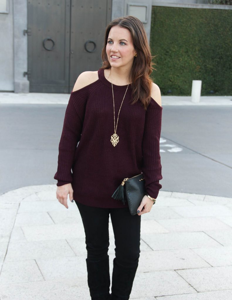 Winter Outfit Idea | Cold Shoulder Sweater | Black Skinny Jeans | Houston Fashion Blog Lady in Violet