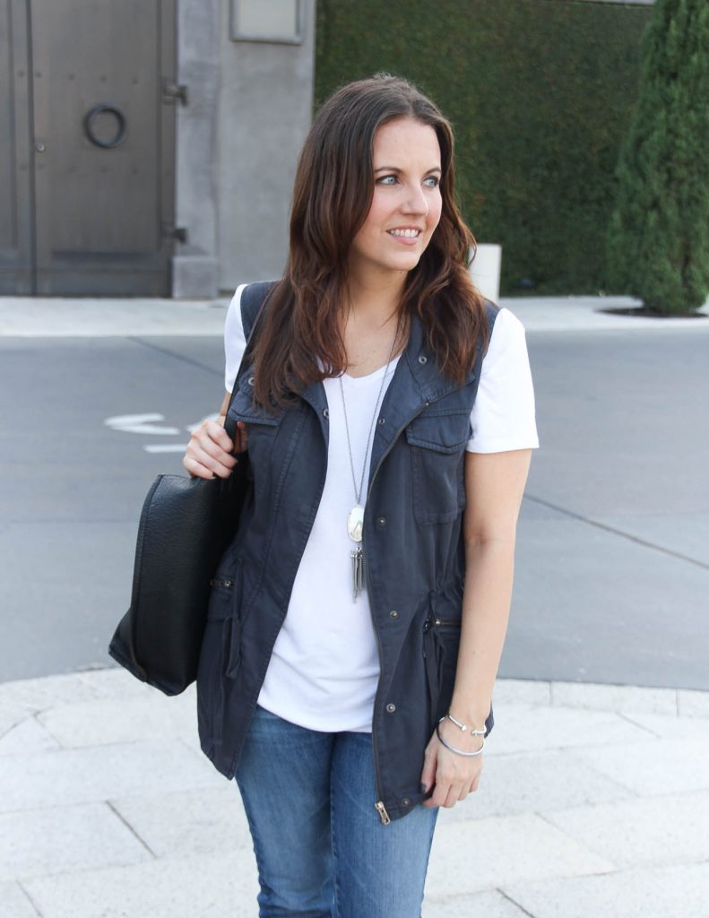 Casual Weekend Outfit | Gray Utility Vest | White Tee | Houston Fashion Blogger Lady in Violet