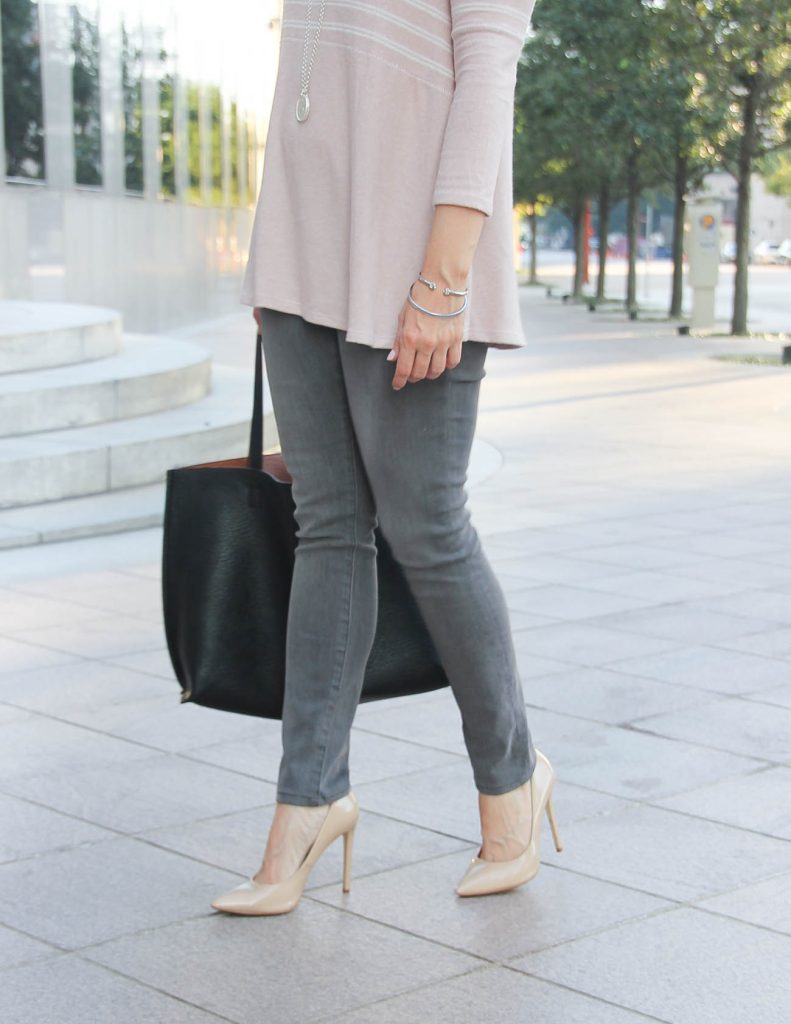 Fall Outfit | Gray Skinny Jeans under $100 | Nude Heels | Houston Fashion Blogger Lady in Violet