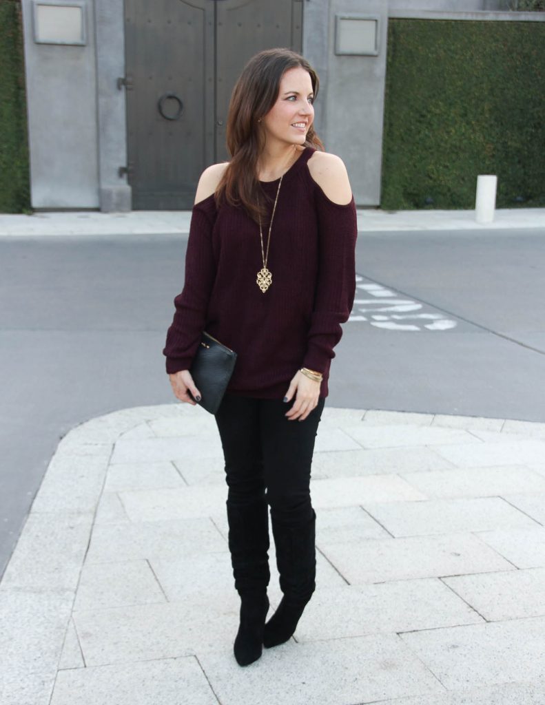 Holiday Party Outfit Idea with Jeans | Cold Shoulder Sweater | Houston Fashion Blog Lady in Violet