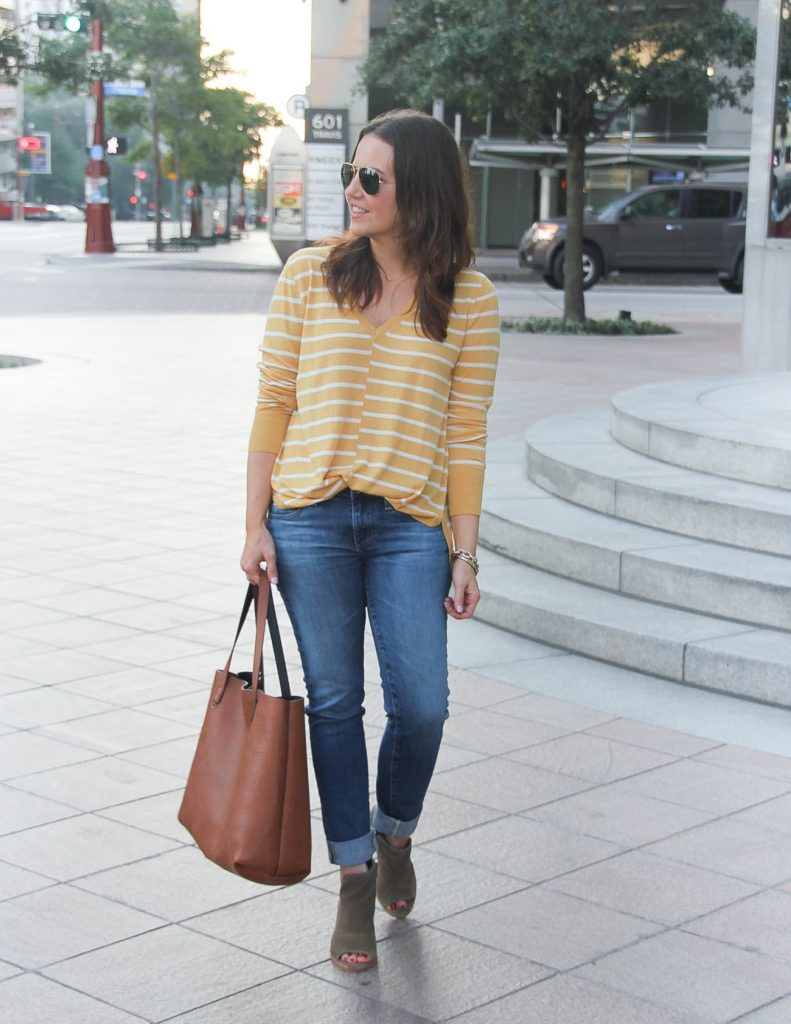 Casual Fall Outfit Idea | Yellow Striped Sweater | Brown Booties | Lady in Violet Fashion Blog