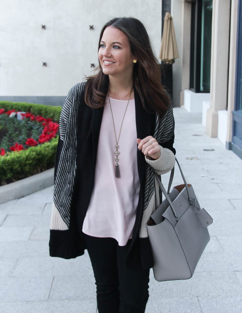 Casual Outfit | Blush Pink Blouse | Chunky Knit Cardigan | Houston Fashion Blogger Lady in Violet