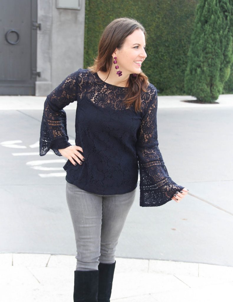 Holiday Party Outfit | Bell Sleeve Lace Top | Ball Earrings | Houston Fashion Blog Lady in Violet