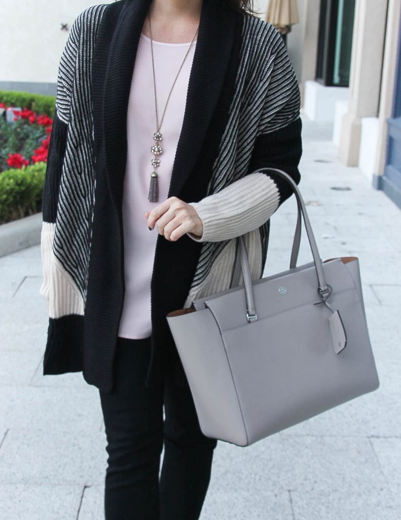 Cozy Winter Outfit | Striped Cardigan | Tory Burch Parker Tote Bag | Houston Fashion Blogger Lady in Violet