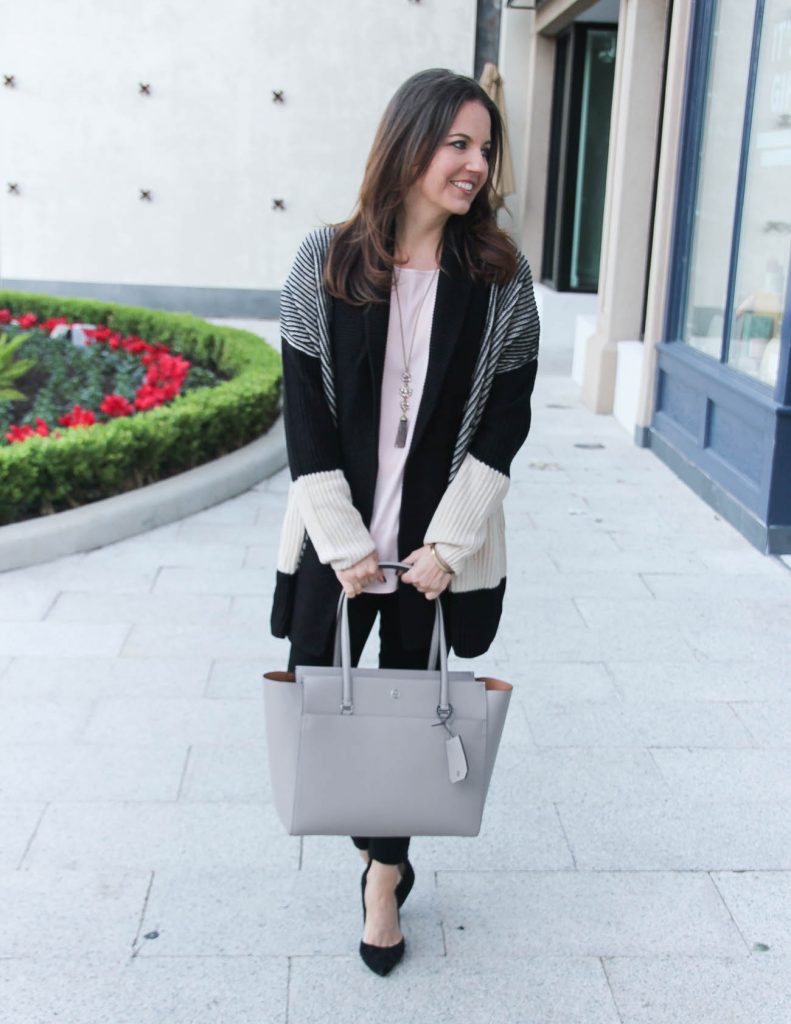 Casual Winter Outfit | Colorblock Cardigan | Gray Tote Bag | Houston Fashion Blogger Lady in Violet