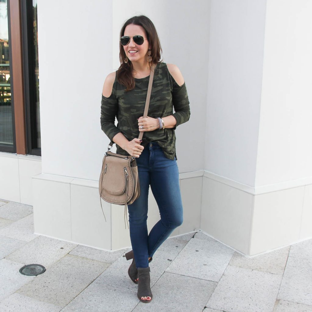Fall Outfit | Camo Tee | Peep Toe Booties | Lady in Violet Fashion Blog