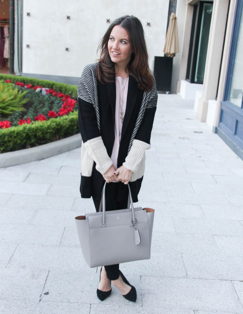 Casual Winter Outfit | Striped Cardigan | Tory Burch Tote Bag | Houston Fashion Blogger Lady in Violet