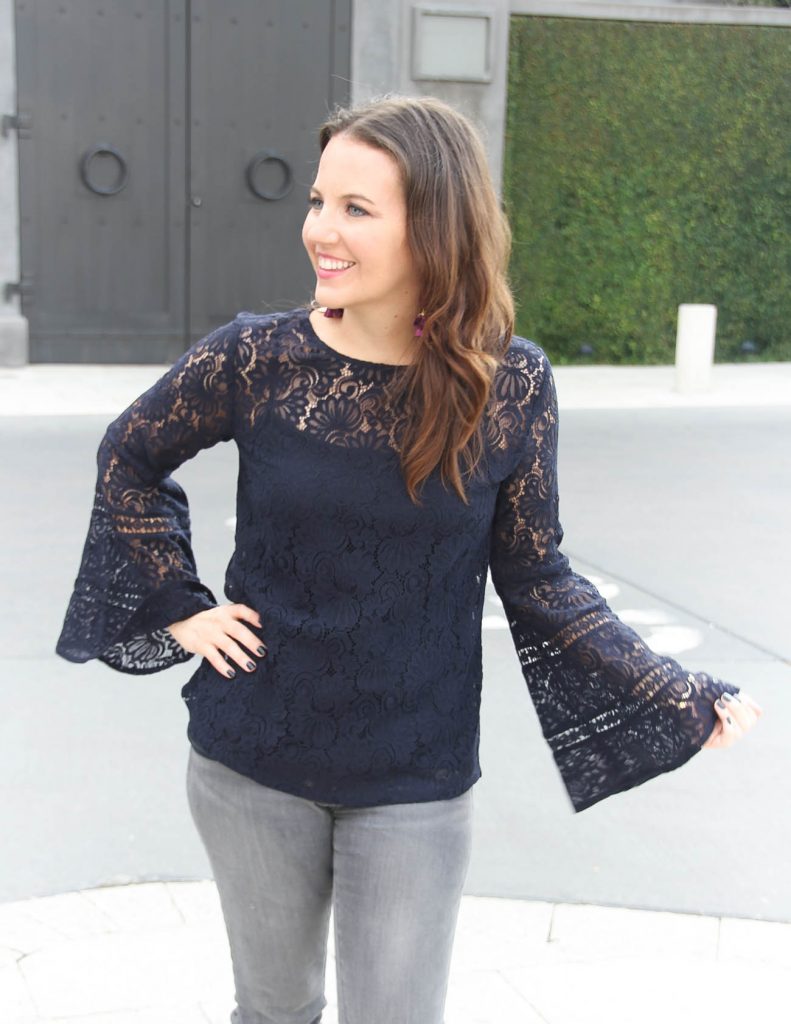 Winter Fashion | Navy Long Sleeve Lace Top | Gray Jeans | Houston Fashion Blogger Lady in Violet