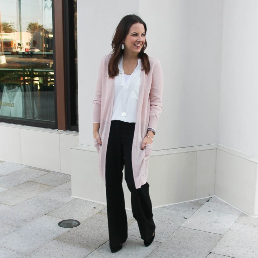 Work Wear | Black Slacks | Pink Cardigan | Houston Fashion Blog Lady in Violet