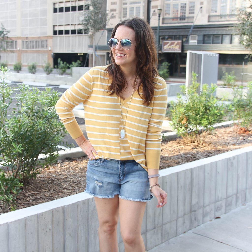 Yellow Striped Sweater | Distressed Shorts | Casual Outfit | Houston Fashion Blog Lady in Violet