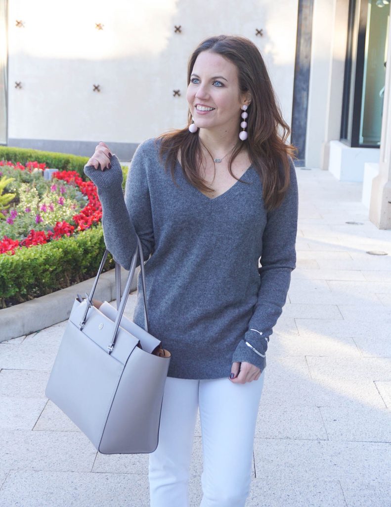 Casual Outfit | Gray Cashmere Sweater | Tory Burch Tote Bag | Houston Fashion Blogger Lady in Violet