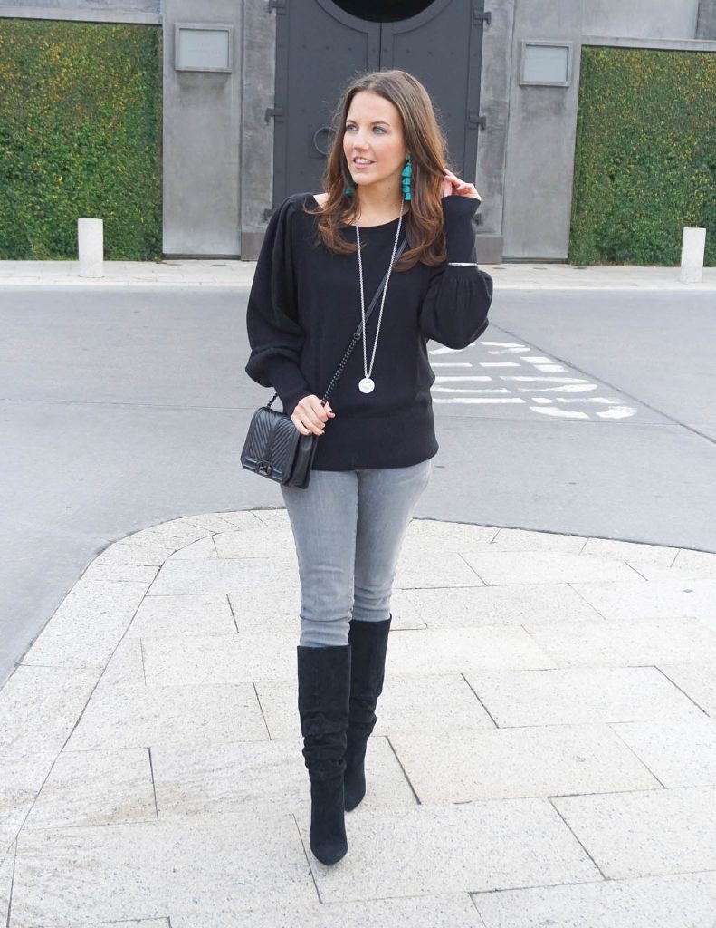 Winter Outfit | Statement Sleeve Sweater | Gray Jeans | Houston Fashion Blogger Lady in Violet