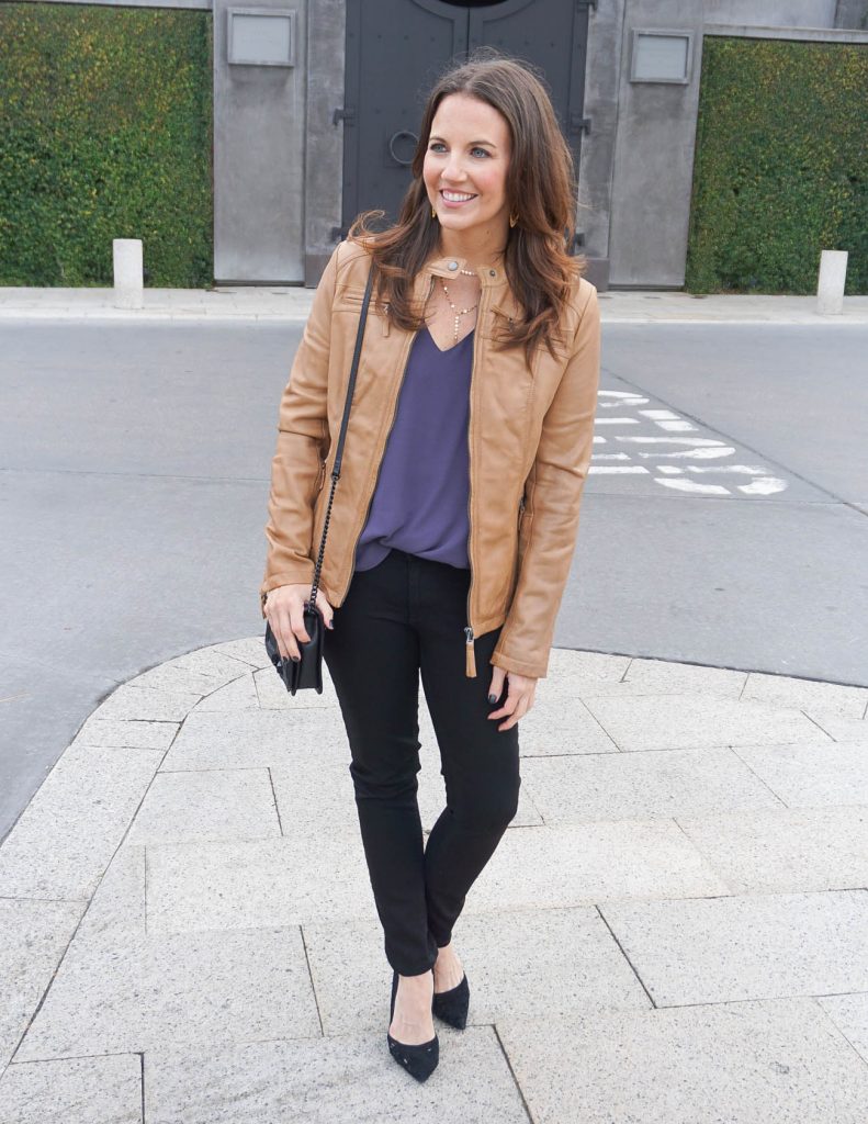 Winter Outfit | Tan Leather Jacket | Black Skinny Jeans | Houston Fashion Blogger Lady in Violet