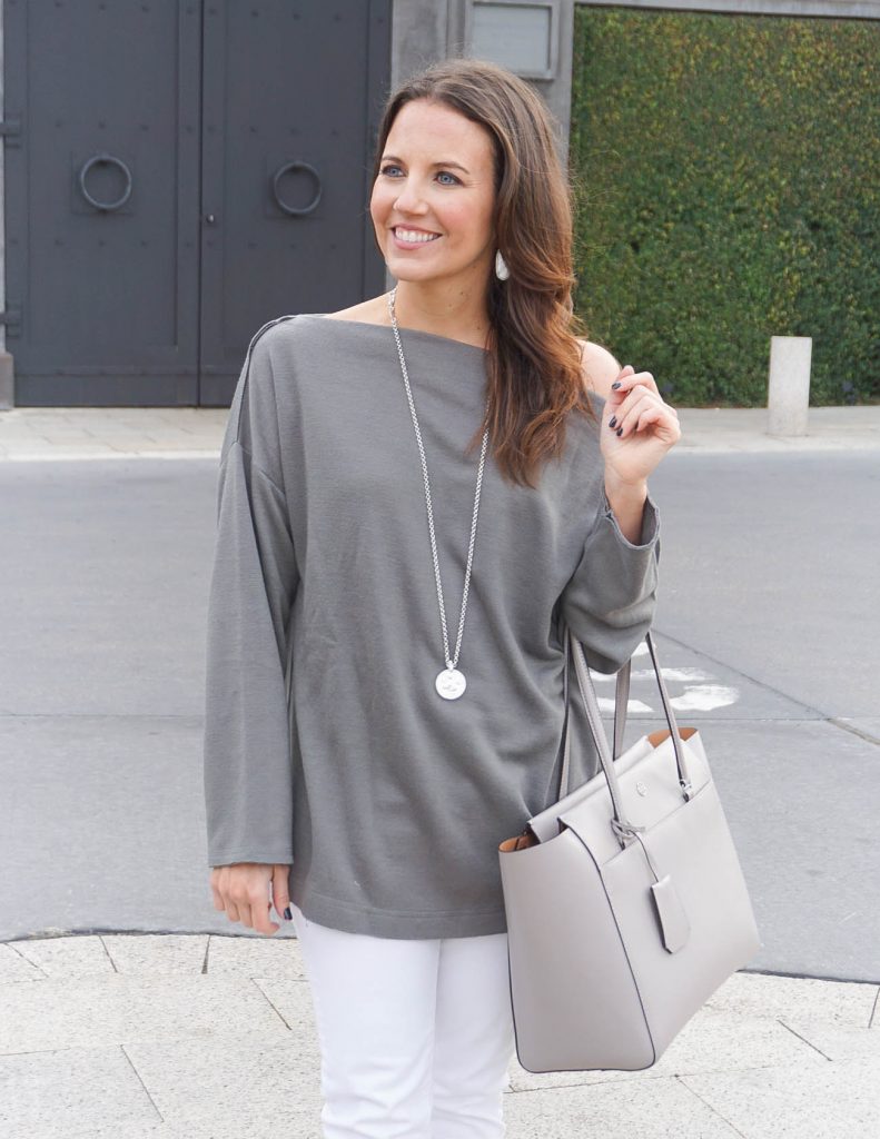 Casual Outfit | Gray Tunic Sweater | Long Silver Necklace | Houston Fashion Blogger Lady in Violet