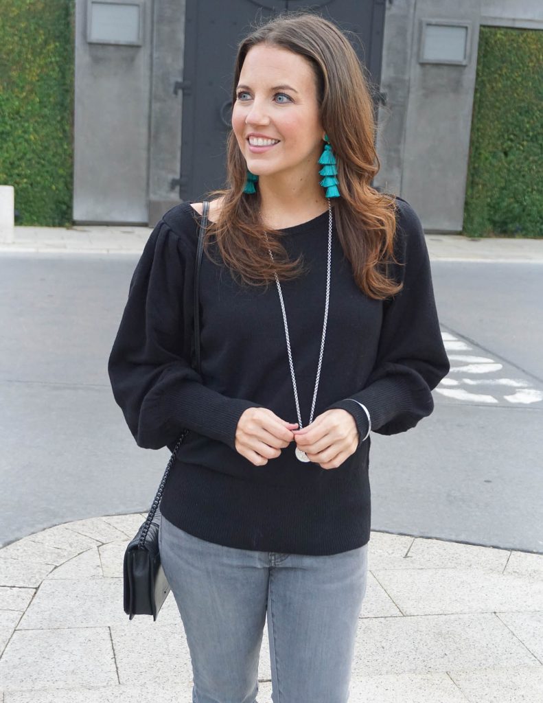 Casual Outfit | Teal Tassel Earrings | Black Sweater | Houston Fashion Blogger Lady in Violet