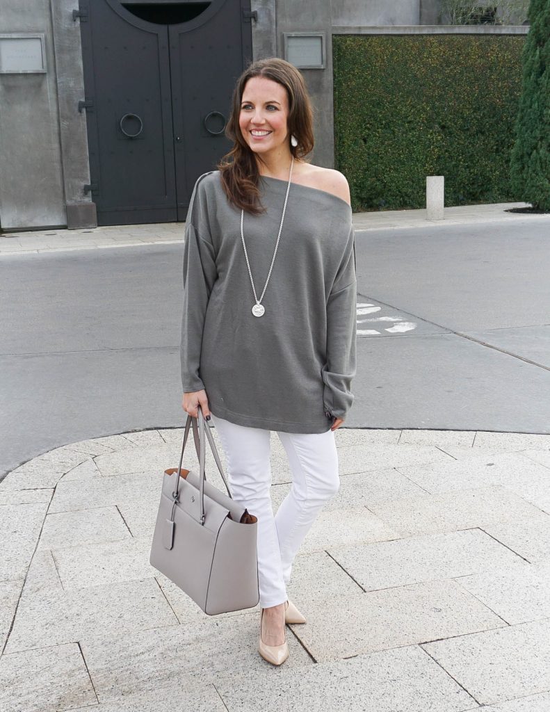 Casual Winter Outfit | One Shoulder Tunic | White Jeans | Houston Fashion Blogger Lady in Violet