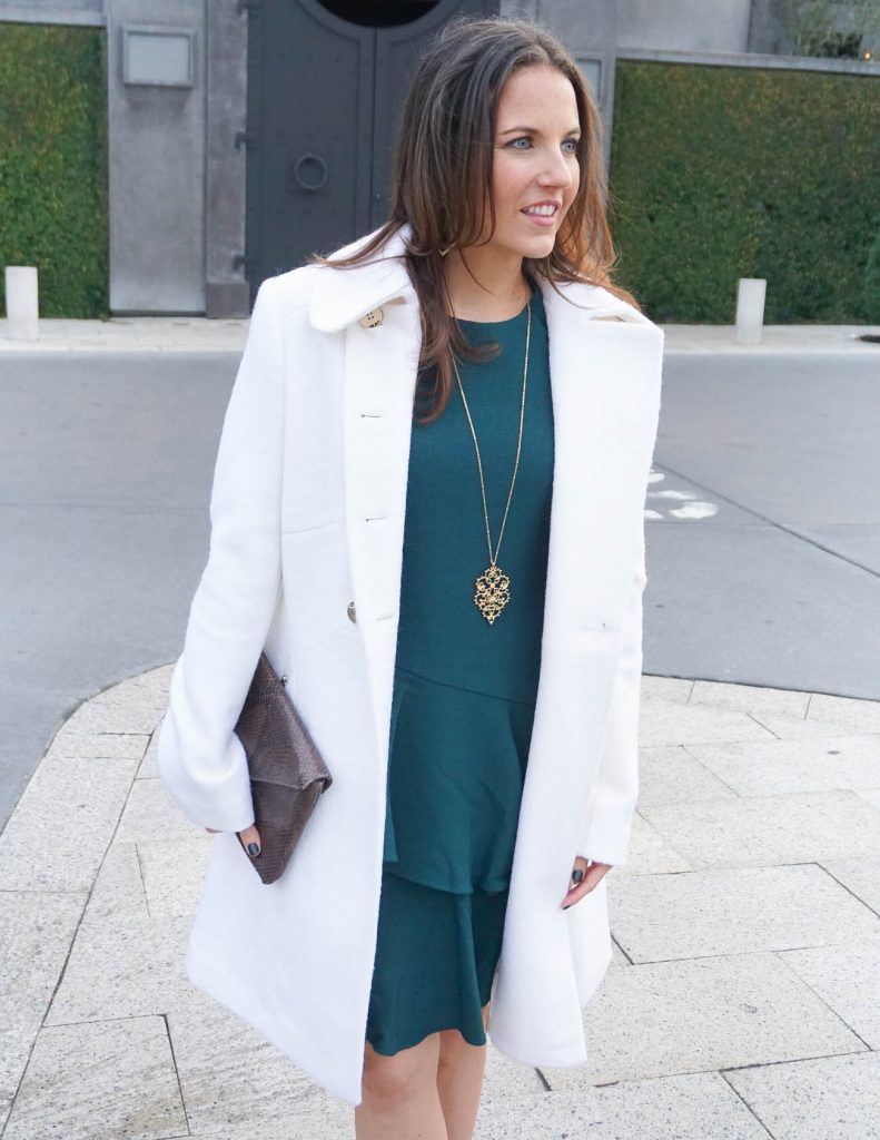 Winter Work Outfit | Teal Dress | Long Gold Necklace | Houston Fashion Blogger Lady in Violet