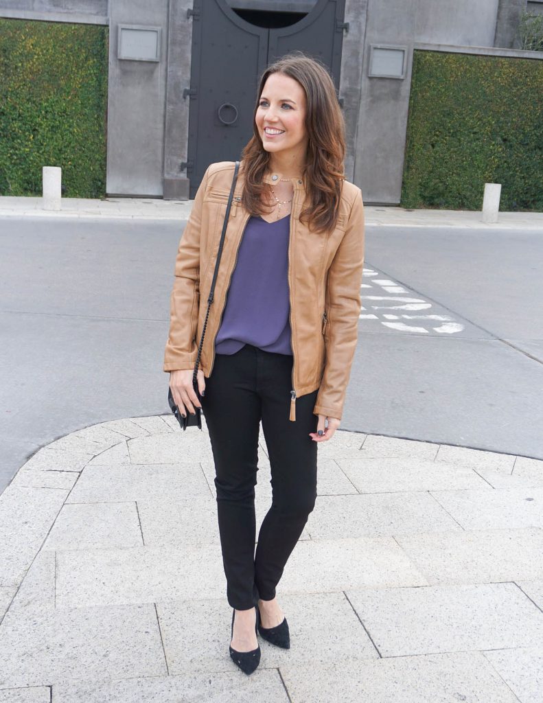 Dressed Up Casual Outfit | Leather Jacket | Black Jeans | Houston Fashion Blogger Lady in Violet