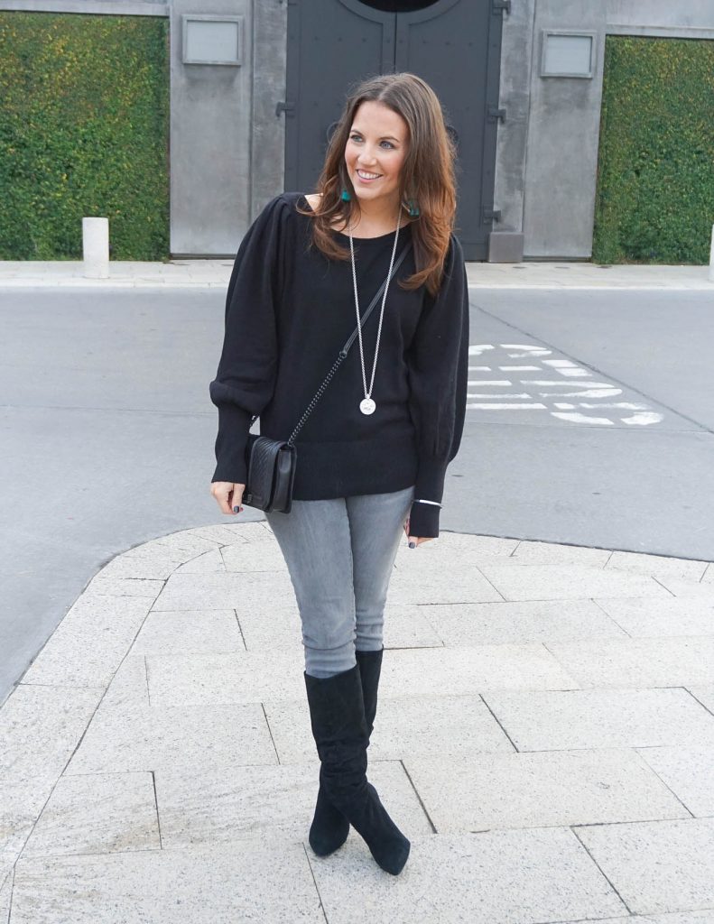 Winter Outfit | Blouson Sleeve Sweater | Gray Jeans | Houston Fashion Blogger Lady in Violet