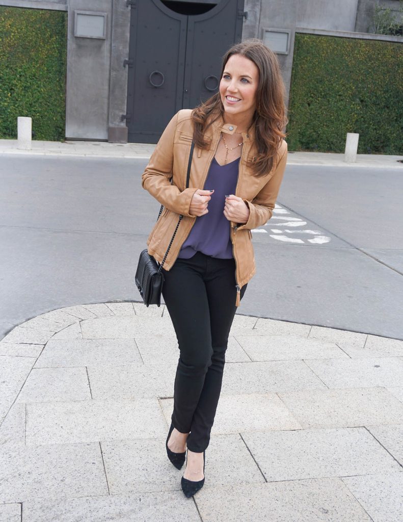 Fall Outfit | Brown Leather Jacket | Black Skinny Jeans | Houston Fashion Blogger Lady in Violet