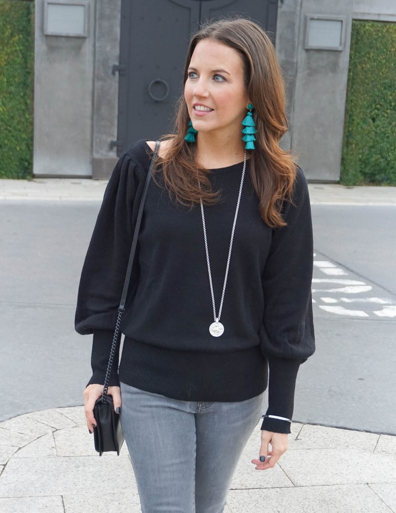 Winter Outfit | Green Tassel Earrings | Statement Sleeve Sweater | Houston Fashion Blogger Lady in Violet