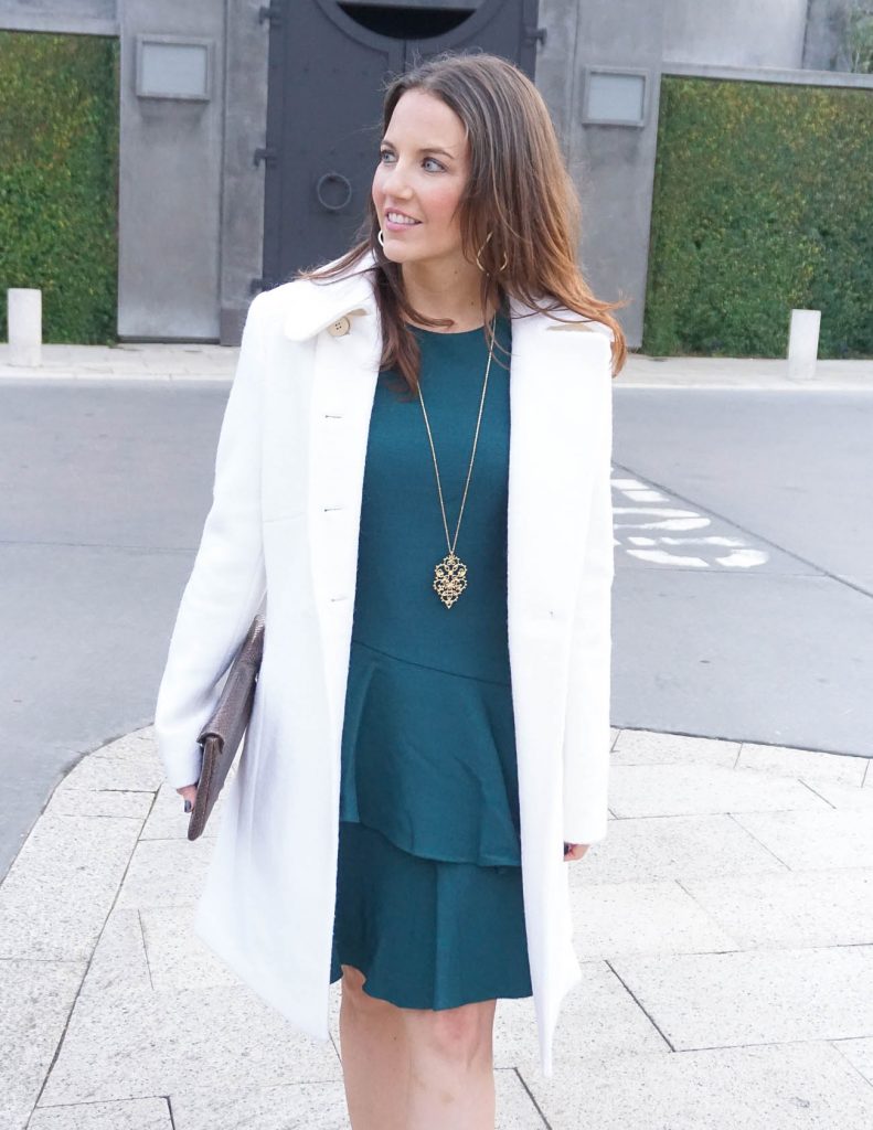 Winter Work Outfit | Teal Dress | Long Gold Necklace | Houston Fashion Blogger Lady in Violet