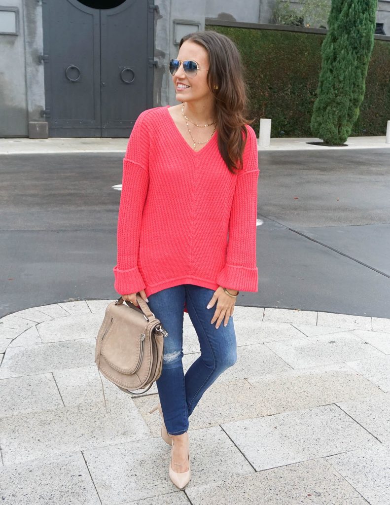 Winter Outfit | Pink Coral Sweater | Distressed Jeans | Houston Fashion Blogger Lady in Violet