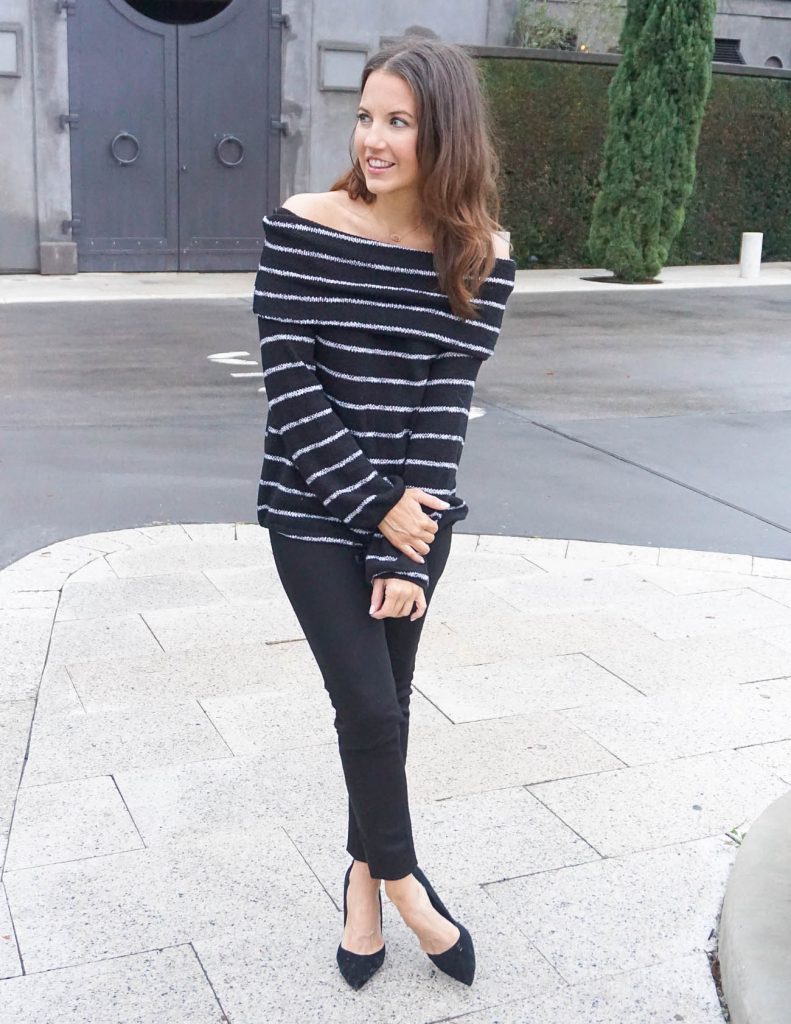 Winter Outfit | Striped Off the Shoulder Sweater | Houston Fashion Blogger Lady in Violet