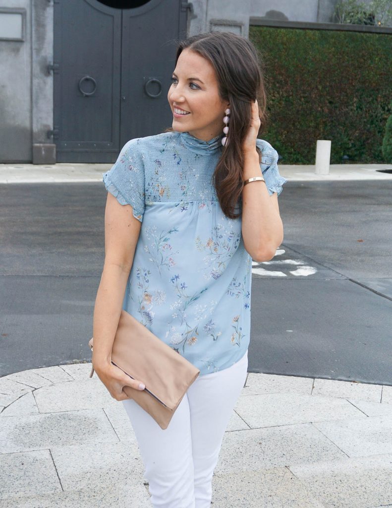 Casual Spring Outfit | Blue Floral Blouse | Pink Ball Earrings | Houston Fashion Blogger Lady in Violet