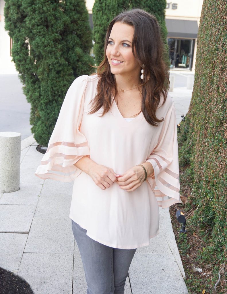 Casual Spring Outfit | Blush Pink Blouse | White Earrings | Houston Fashion Blogger Lady in Violet