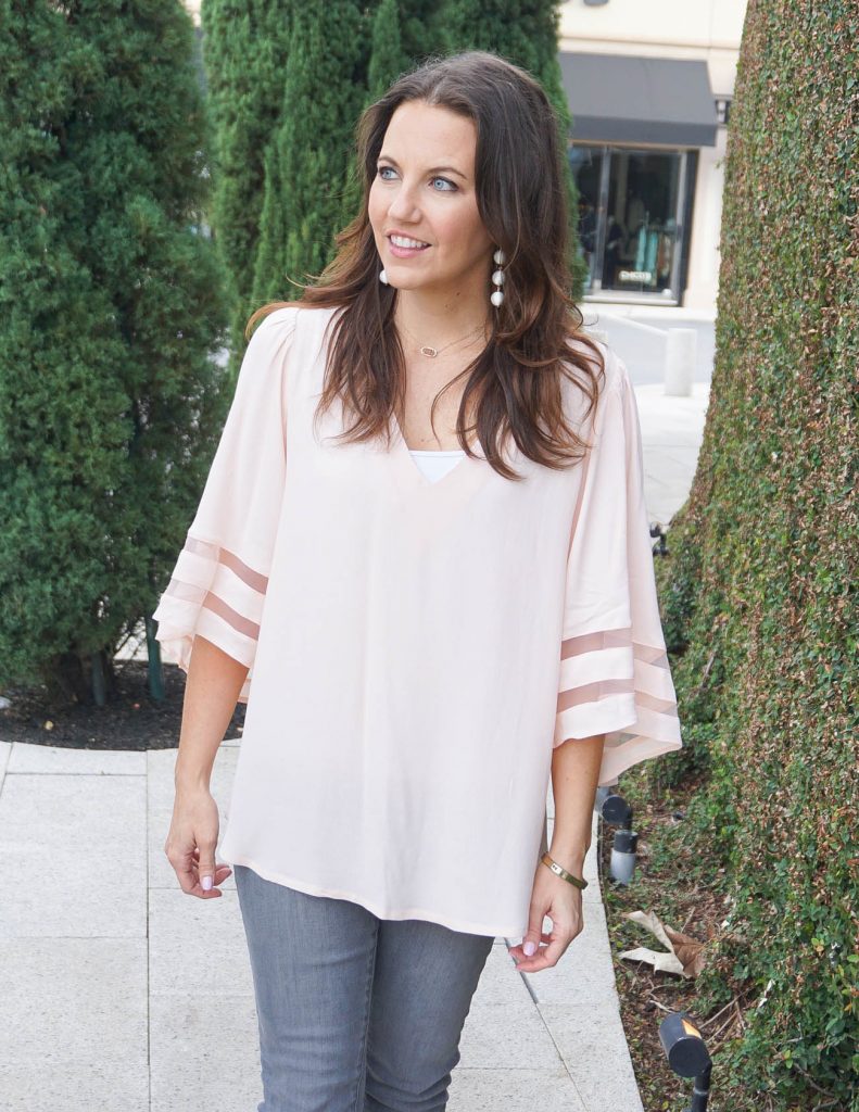 Weekend Outfit | Blush Pink Flowy Top | White Ball Earrings | Houston Fashion Blogger Lady in Violet