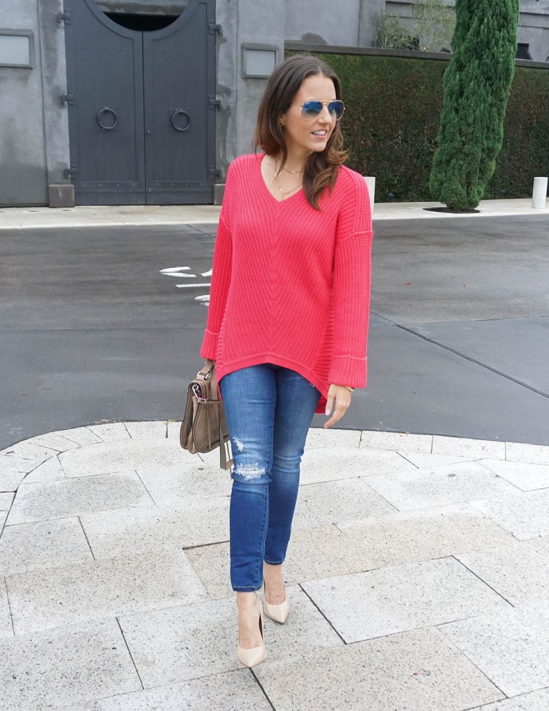 Casual weekend outfit: Grey lace hem sweater, distressed denim and pink tote  - Stylish Petite