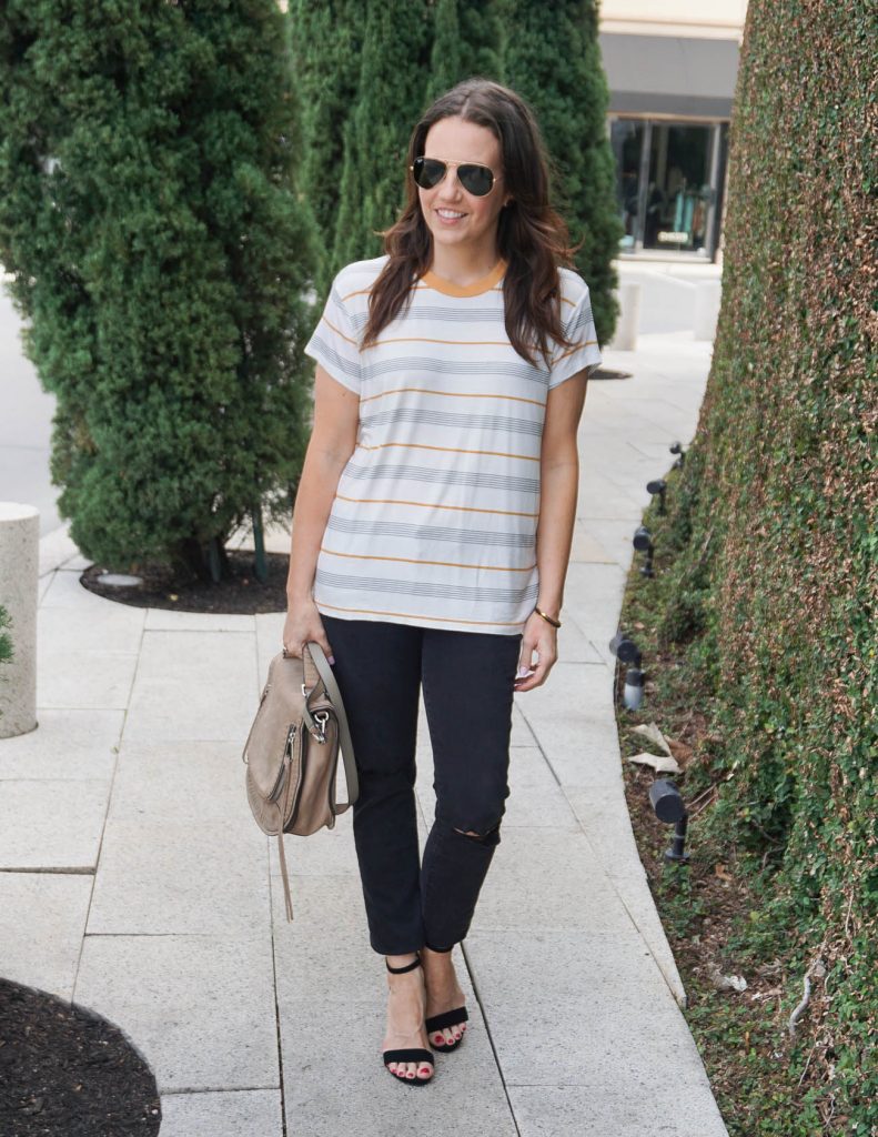 Casual Outfit | Striped Tee | Block Heel Sandals | Houston Fashion Blogger Lady in Violet