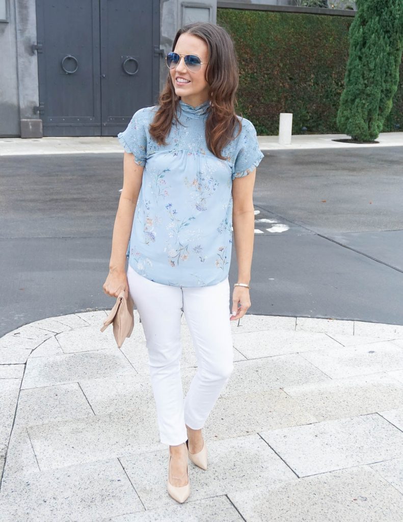 Dressy Casual Outfit | Blue Floral Top | White Jeans | Houston Fashion Blogger Lady in Violet