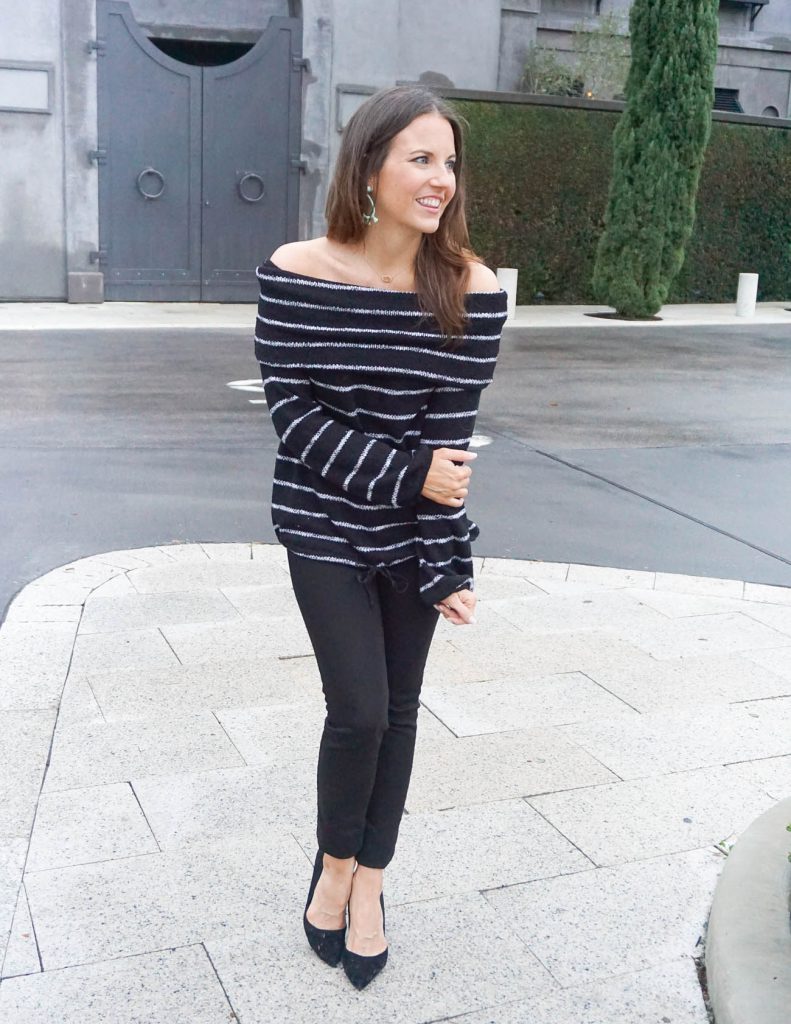 Winter Outfit | Striped Off the Shoulder Sweater | Dressy Casual | Houston Fashion Blogger Lady in Violet
