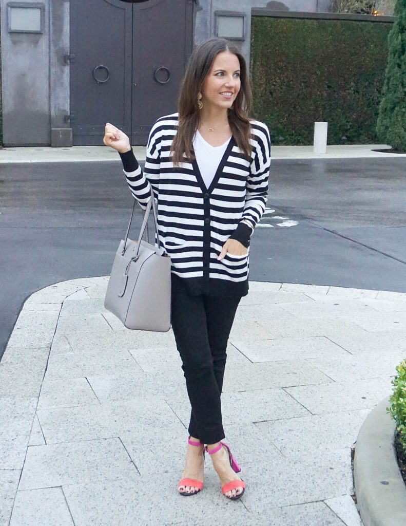 Casual Outfit | Striped Cardigan | Black Skinny Jeans | Houston Fashion Blogger Lady in Violet