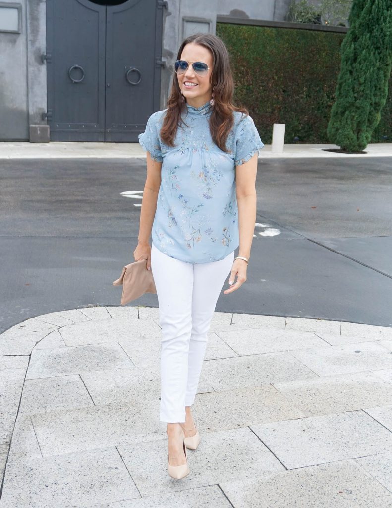 Weekend Outfit | Blue Floral Blouse | White Skinny Jeans | Houston Fashion Blogger Lady in Violet