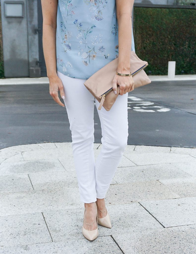 Spring Outfit | White Skinny Jeans | Pastel Blouse | Houston Fashion Blogger Lady in Violet