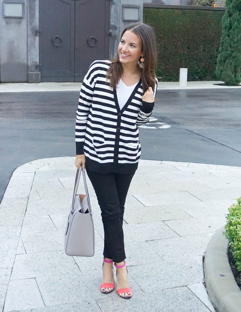 Casual Outfit | Striped Cardigan | Block Heel Sandals | Houston Fashion Blogger Lady in Violet